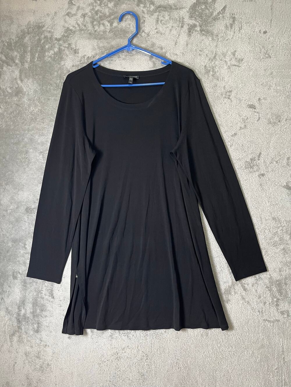 Eileen Fisher Silk Jersey Tunic Top Black Long Sleeve Stretch Minimalist Large